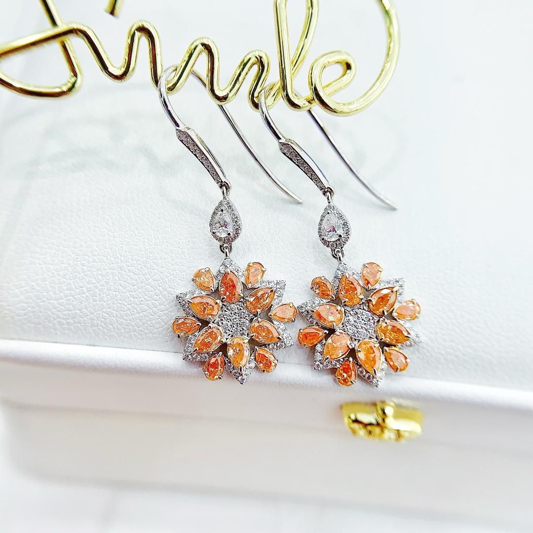 Round Cut 18K White Gold Sunflower Drop Earrings with Orange and White Diamonds For Sale