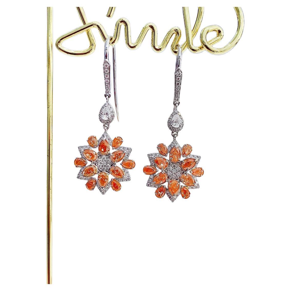 18K White Gold Sunflower Drop Earrings with Orange and White Diamonds For Sale