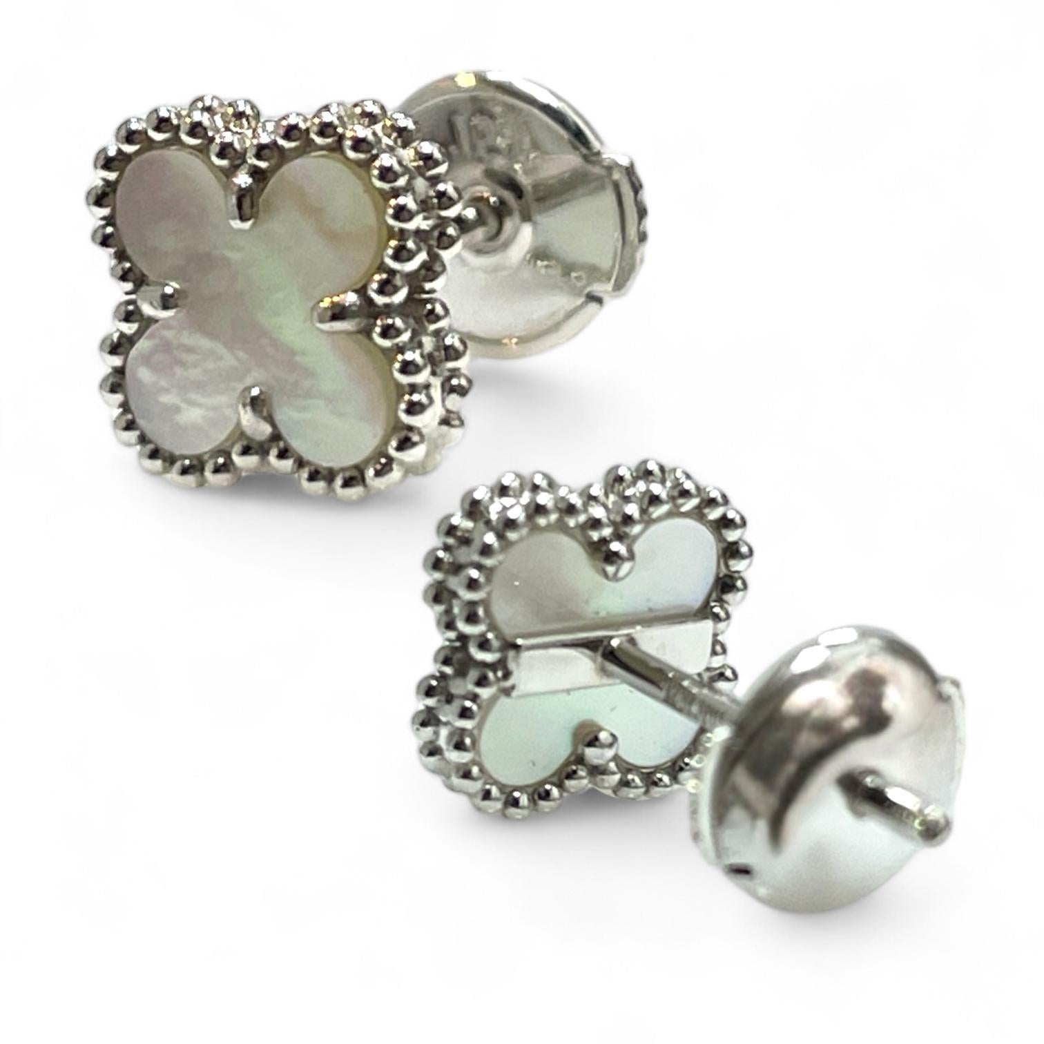 Modern 18K White Gold Sweet Alhambra Mother of Pearl Ear Studs