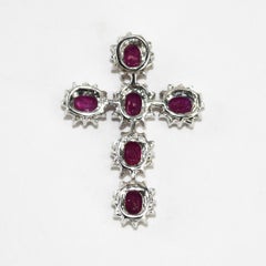 18K White Gold Synthetic Ruby & Diamond Cross Pendant 3.8g