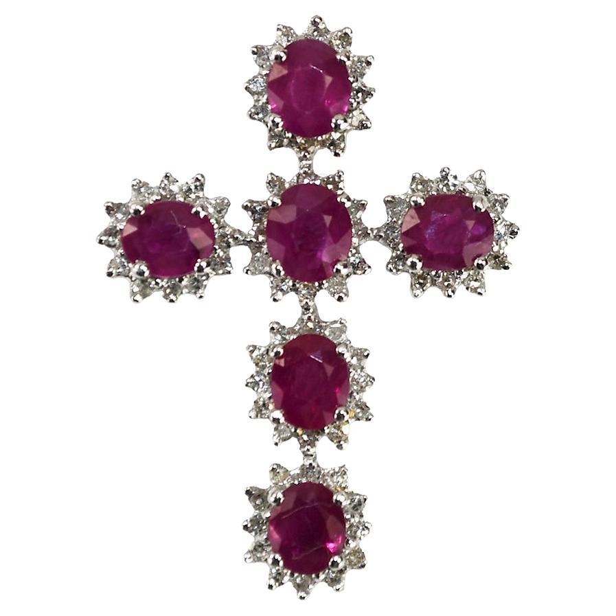 18K White Gold Synthetic Ruby & Diamond Cross Pendant 3.8g