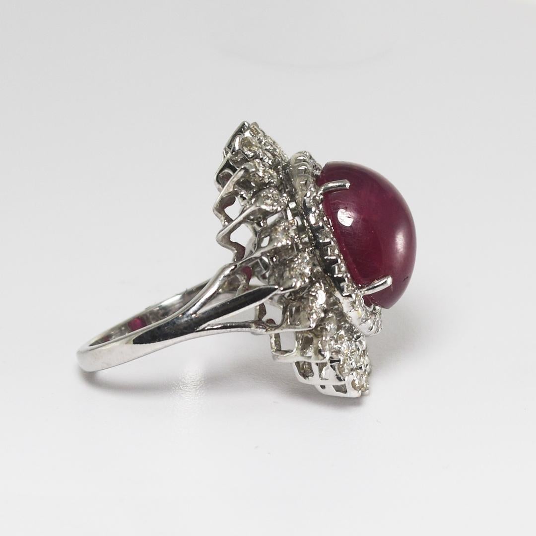 Round Cut 18K White Gold Synthetic Ruby & Diamond Ring 11.3g For Sale
