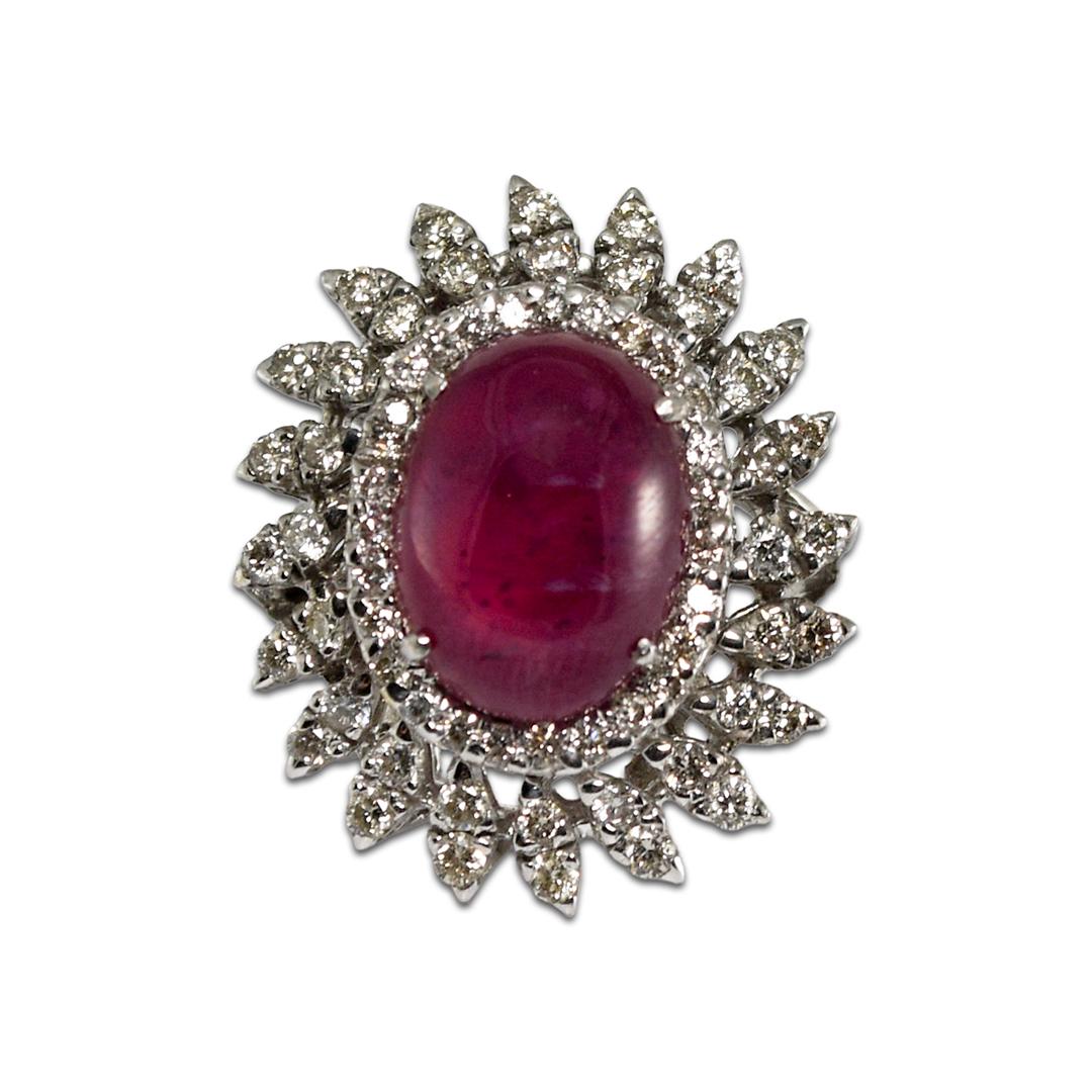 18K White Gold Synthetic Ruby & Diamond Ring 11.3g For Sale