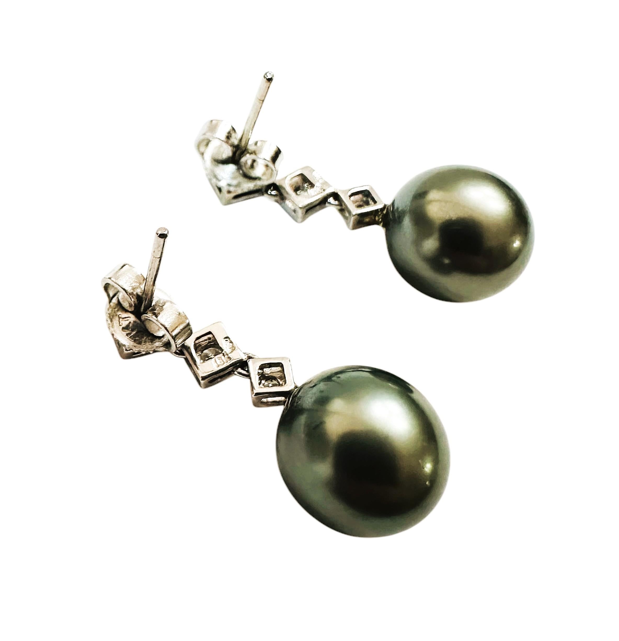 18k White Gold Tahitian Pearl & .10 Carat Diamond Drop Post Earrings For Sale 4
