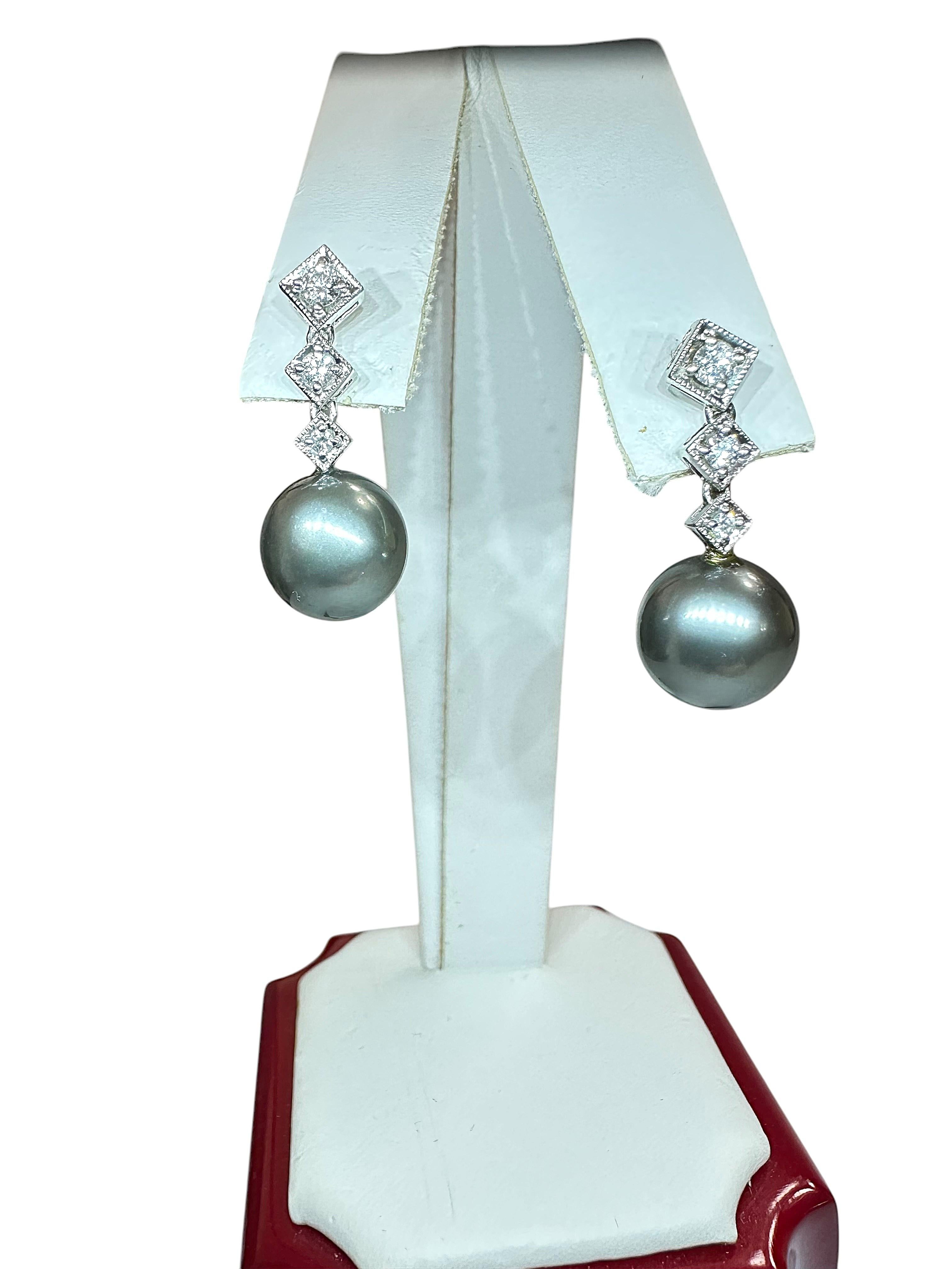 18k White Gold Tahitian Pearl & .10 Carat Diamond Drop Post Earrings For Sale 1