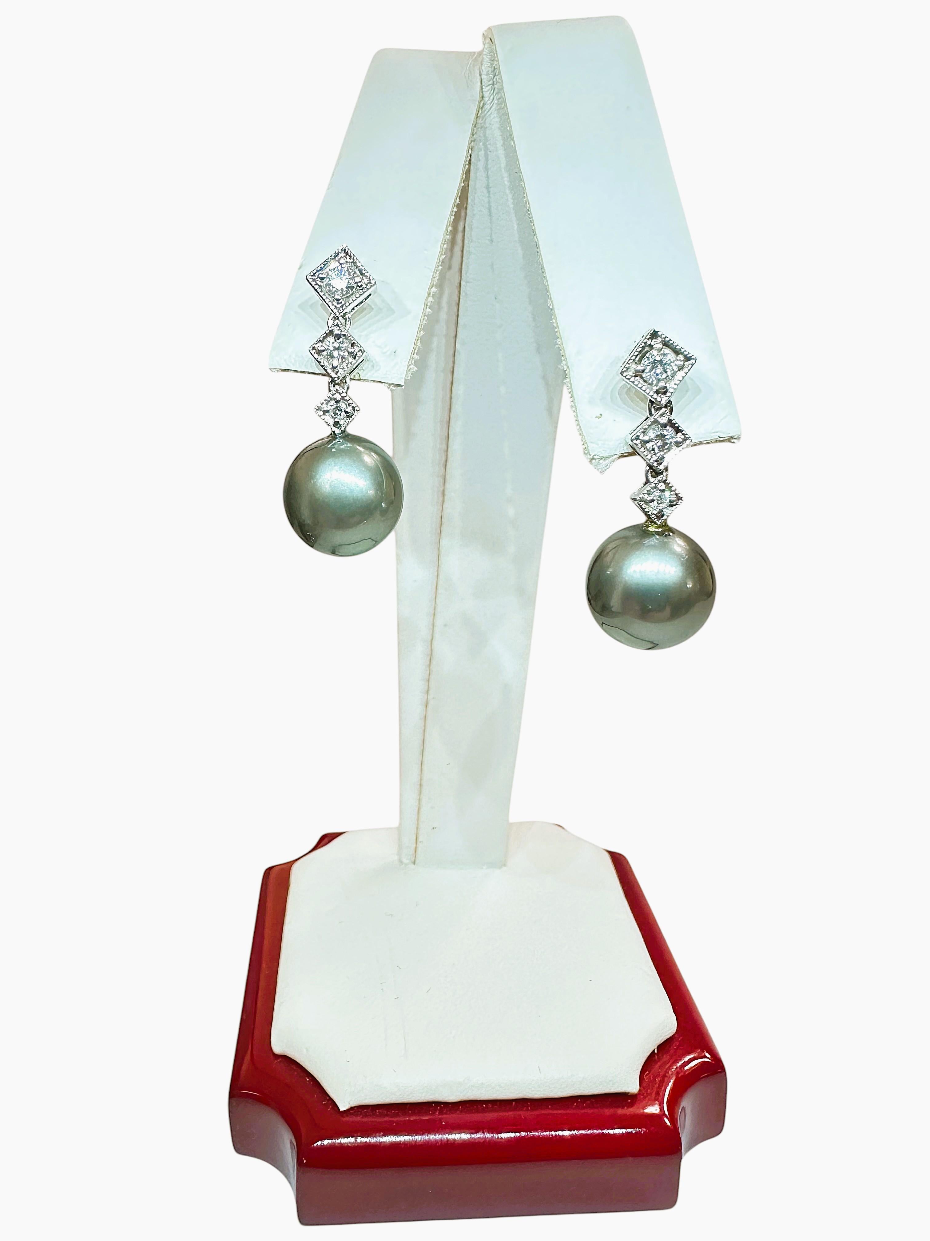 18k White Gold Tahitian Pearl & .10 Carat Diamond Drop Post Earrings For Sale 2