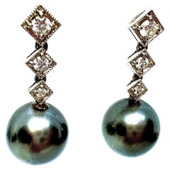 18k White Gold Tahitian Pearl & .10 Carat Diamond Drop Post Earrings