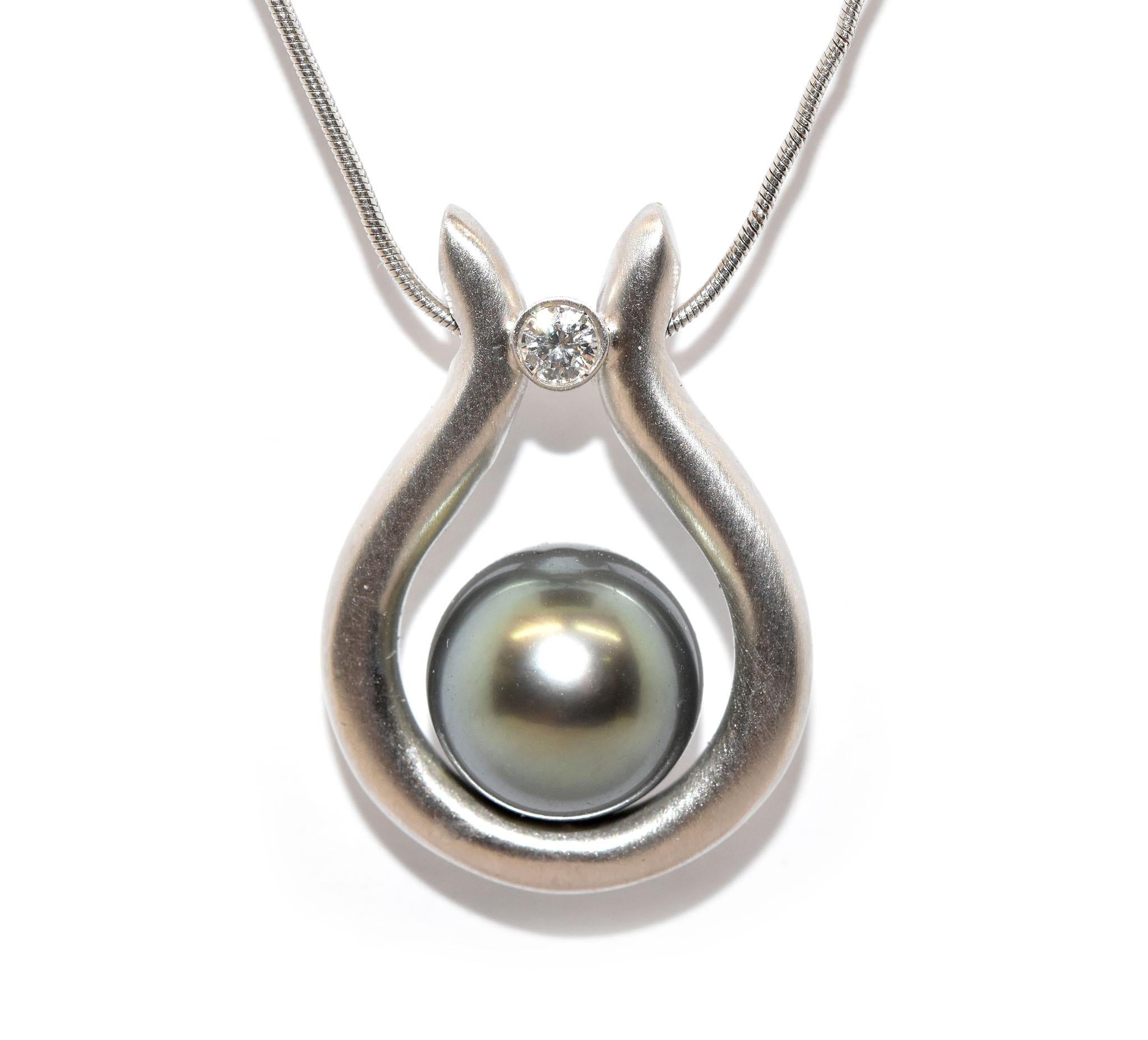 18 Karat White Gold, Tahitian Pearl and 0.11 Carat Diamond Necklace