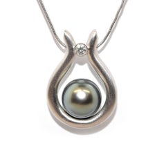 18 Karat White Gold, Tahitian Pearl and 0.11 Carat Diamond Necklace