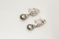 18k White Gold Tahitian Pearl Drop Earrings Omega Back