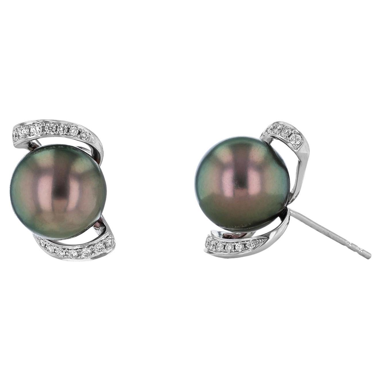 18K White Gold Tahitian Pearl over and under Diamond Earrings For Sale