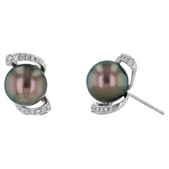 18K White Gold Tahitian Pearl over and under Diamond Earrings