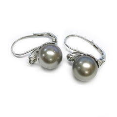 18K White Gold Tahitian Grey Pearl Earrings with Diamonds, 0.24ct