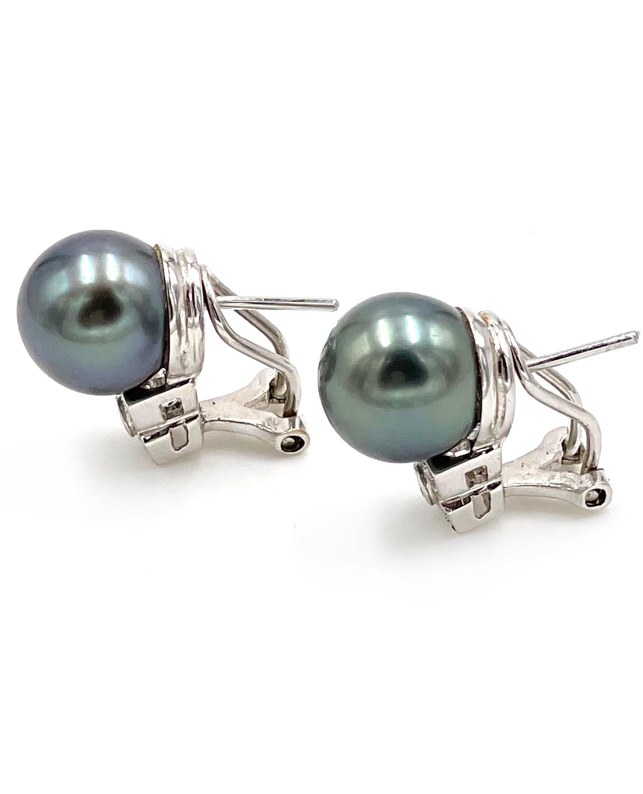 Contemporary 18k White Gold Tahitian South Sea Pearl Earrings with Omega Backs and Diamonds For Sale