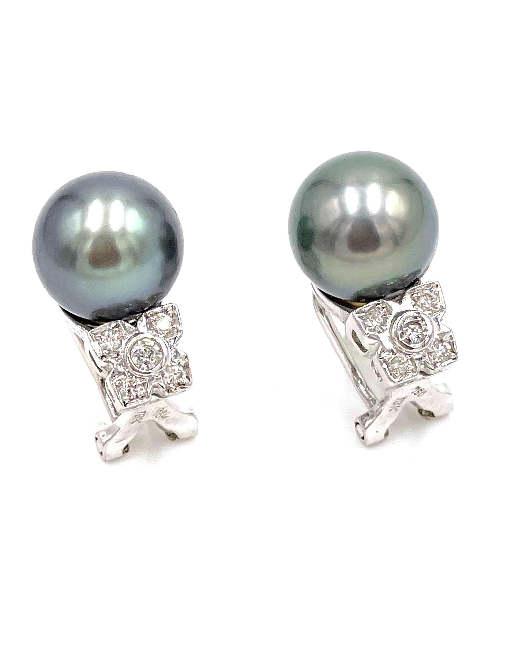 18k White Gold Tahitian South Sea Pearl Earrings with Omega Backs and Diamonds For Sale