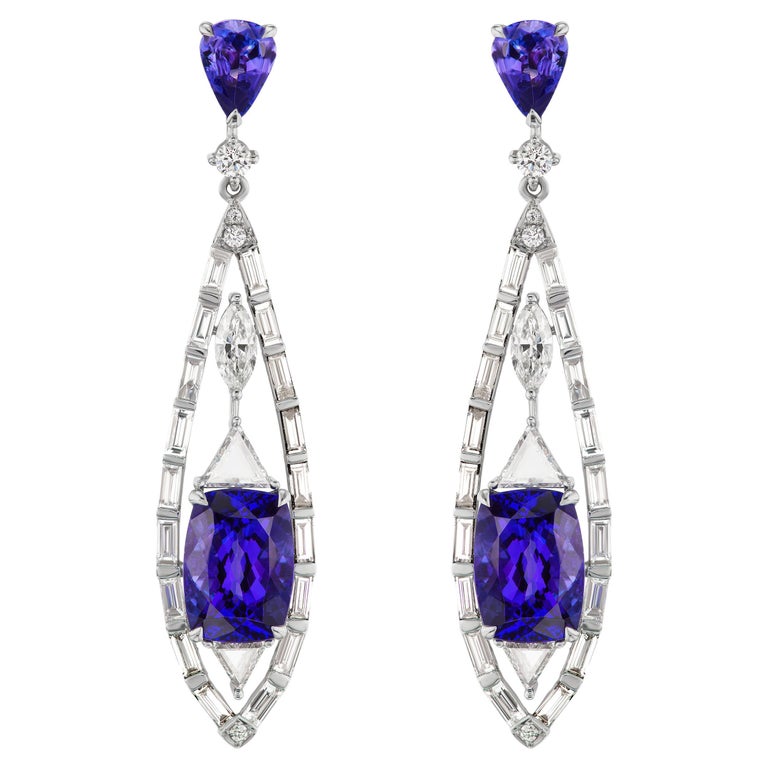 18K White Gold Tanzanite and Diamond Drop Earrings For Sale at 1stDibs