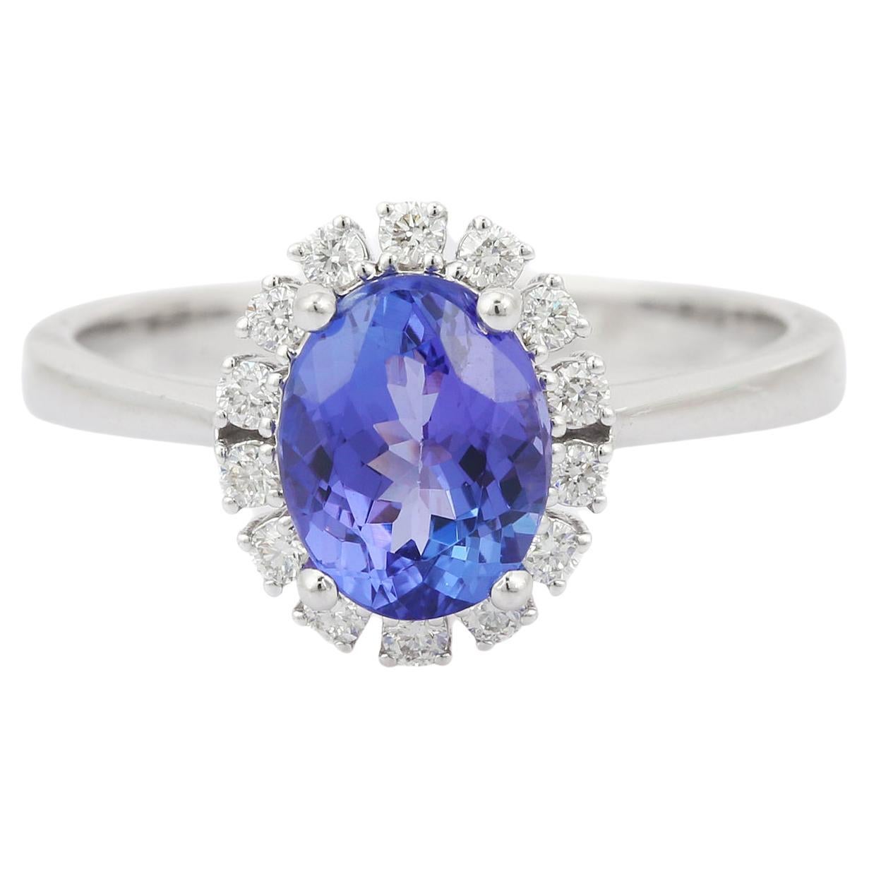 18k Solid White Gold Tanzanite and Diamond Ring 