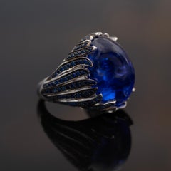18K White Gold Tanzanite Cabochon with Sapphires Cocktail Ring