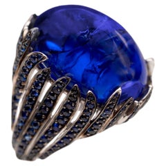 18K White Gold Tanzanite Cabochon with Sapphires Cocktail Ring