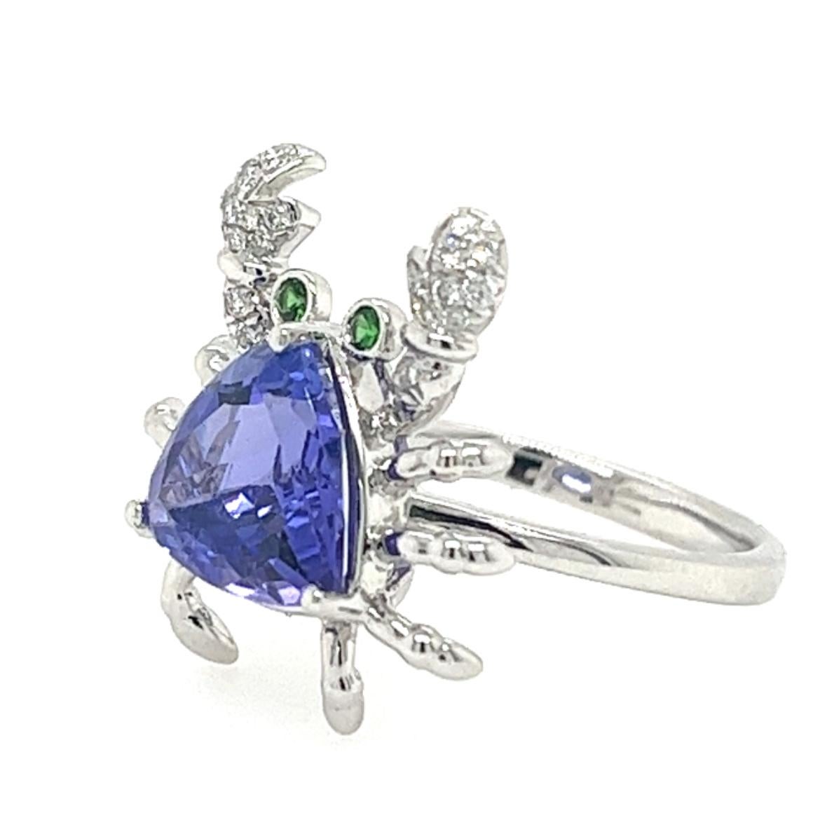 Modern 18K White Gold Tanzanite Crab Ring with Diamonds For Sale