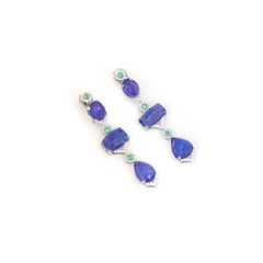 18k White Gold Tanzanite Emerald Dangle Drop Earrings With Dimaond