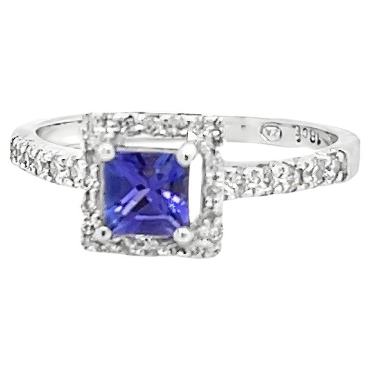 18k White Gold Tanzanite Halo Ring For Woman Jewelry 0.79 Cts Gift For