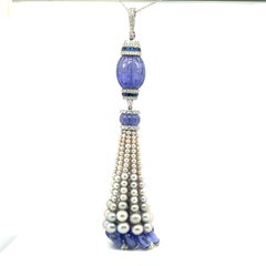 18k White Gold Tanzanite Sapphire Pearl Diamond Tassel Necklace