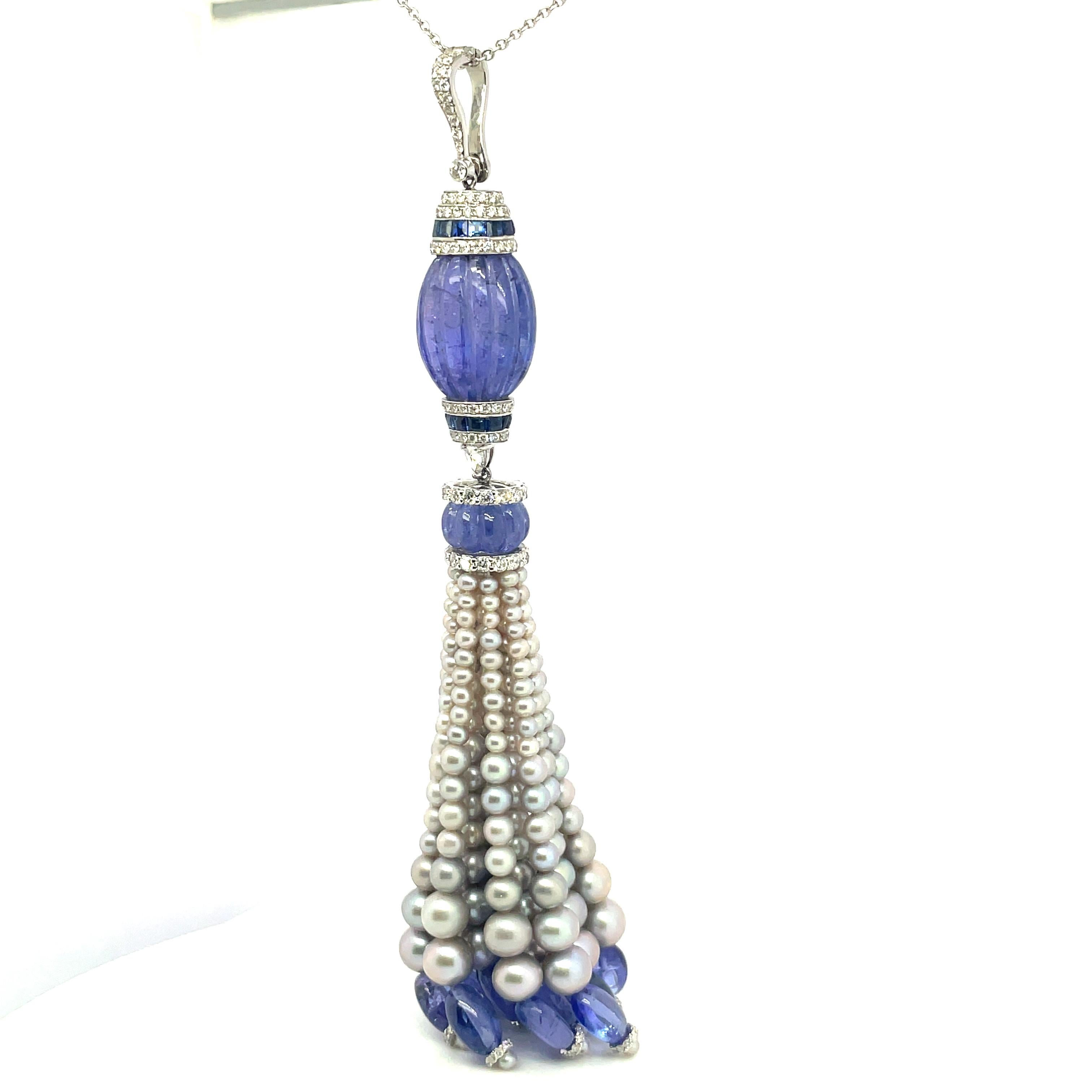 Contemporary 18k White Gold Tanzanite Sapphire Pearl Diamond Tassel Necklace For Sale