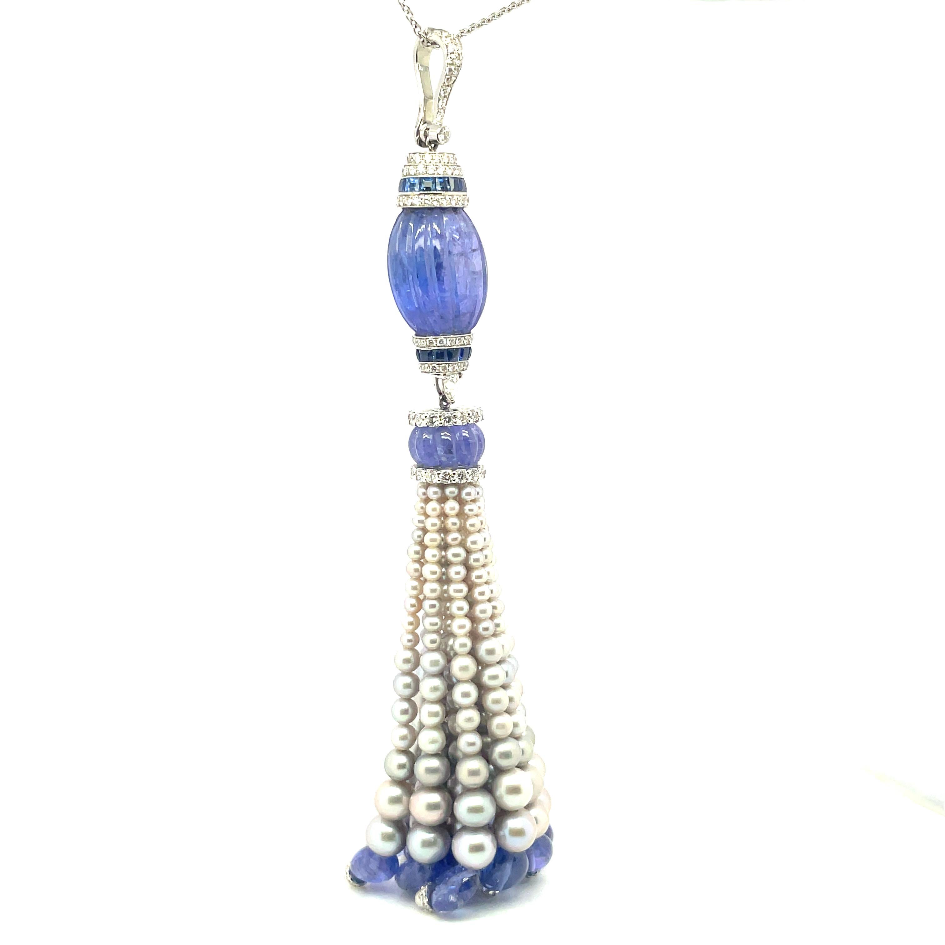 Round Cut 18k White Gold Tanzanite Sapphire Pearl Diamond Tassel Necklace For Sale