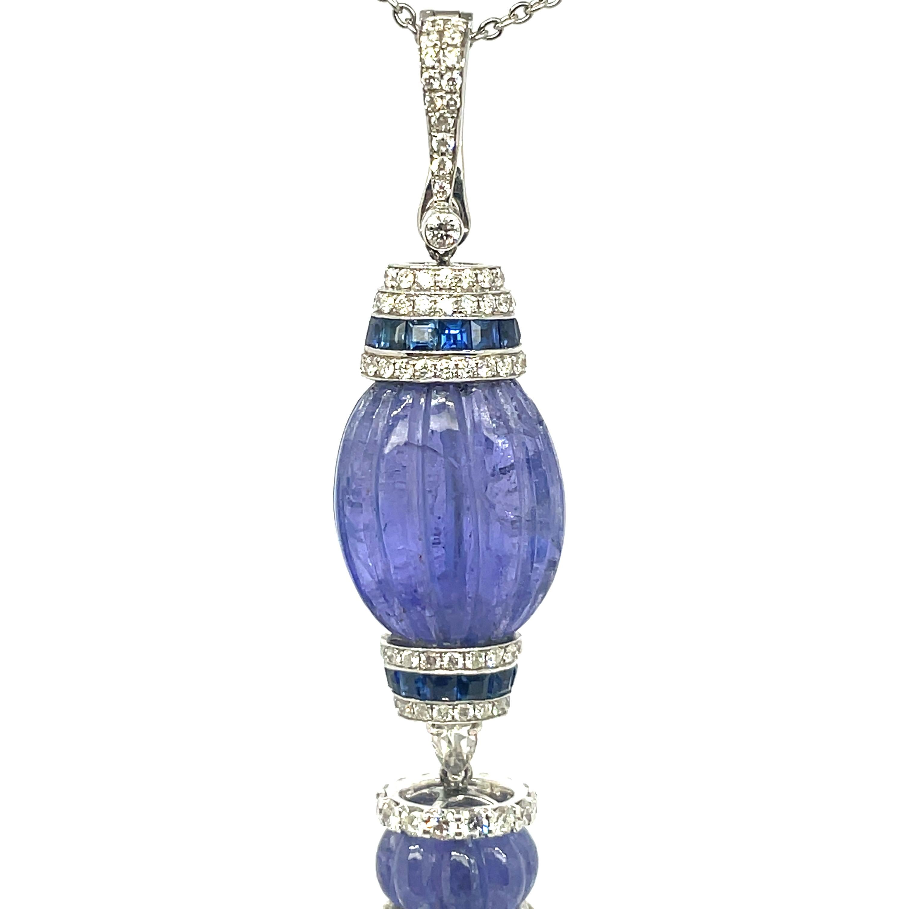 18k White Gold Tanzanite Sapphire Pearl Diamond Tassel Necklace In New Condition For Sale In Hong Kong, HK