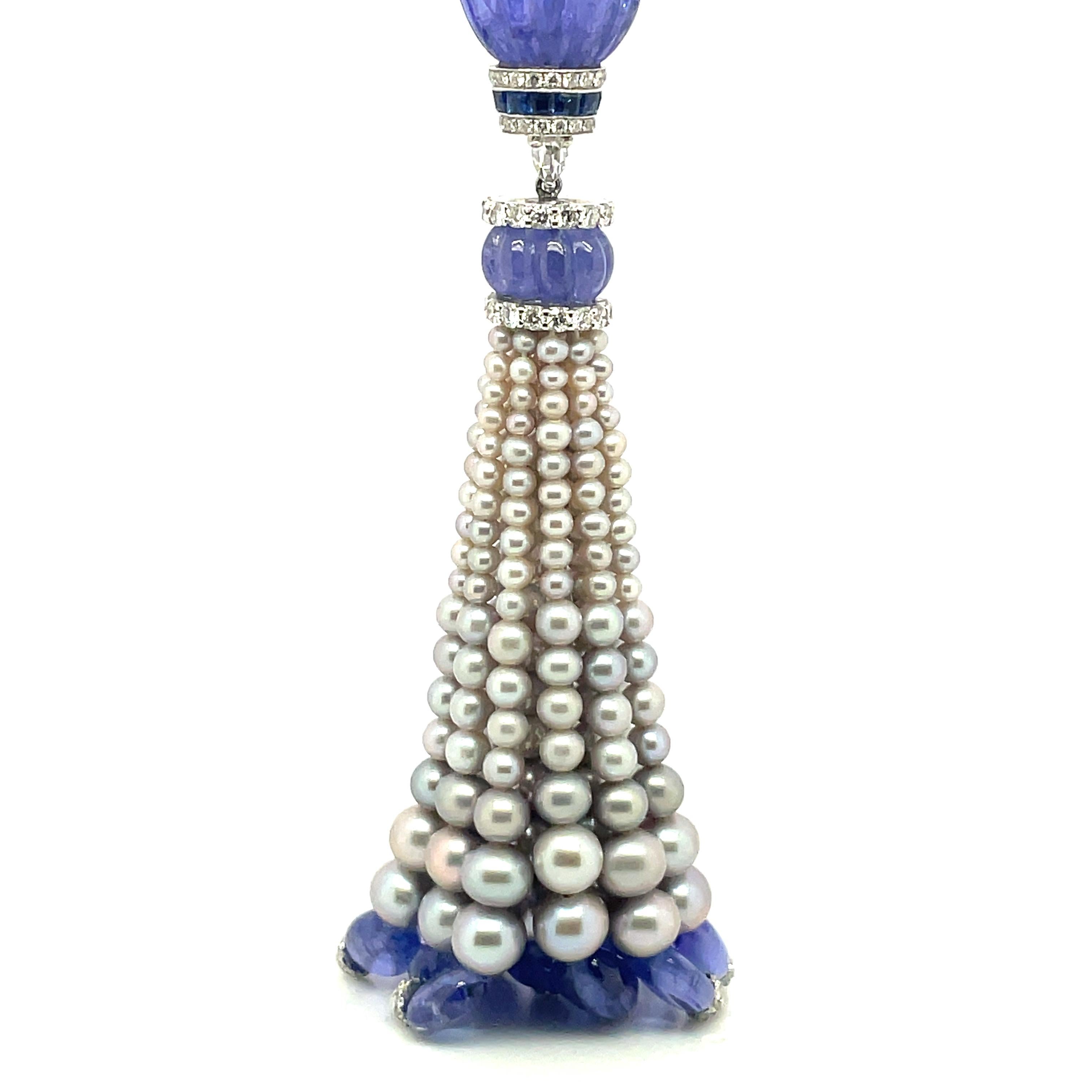 Women's or Men's 18k White Gold Tanzanite Sapphire Pearl Diamond Tassel Necklace For Sale
