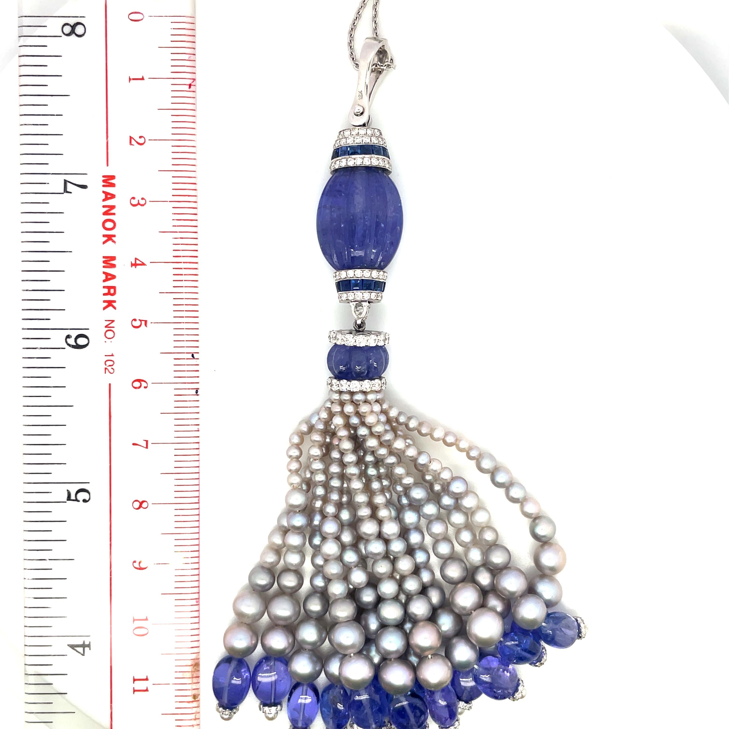 18k White Gold Tanzanite Sapphire Pearl Diamond Tassel Necklace For Sale 2