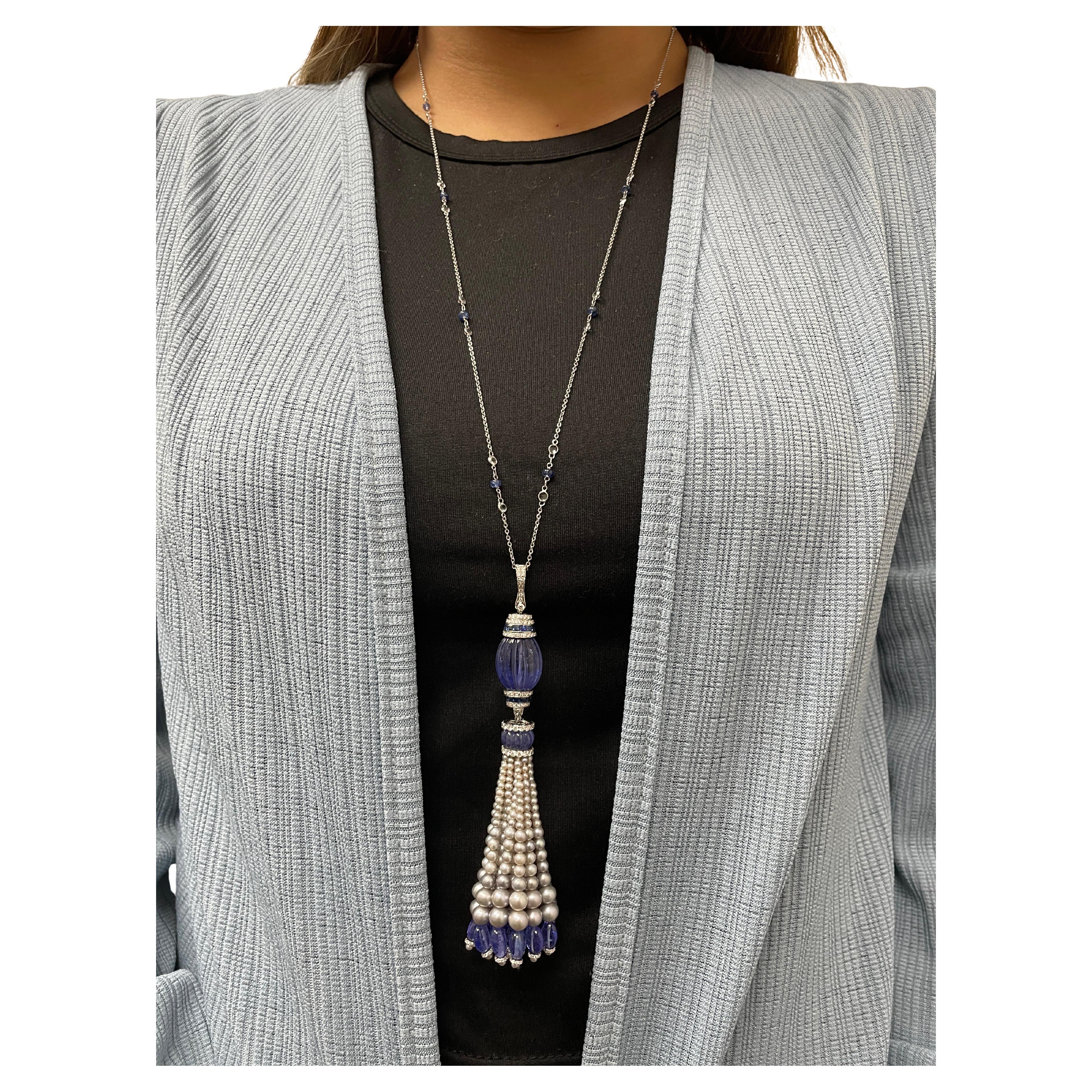 18k White Gold Tanzanite Sapphire Pearl Diamond Tassel Necklace For Sale