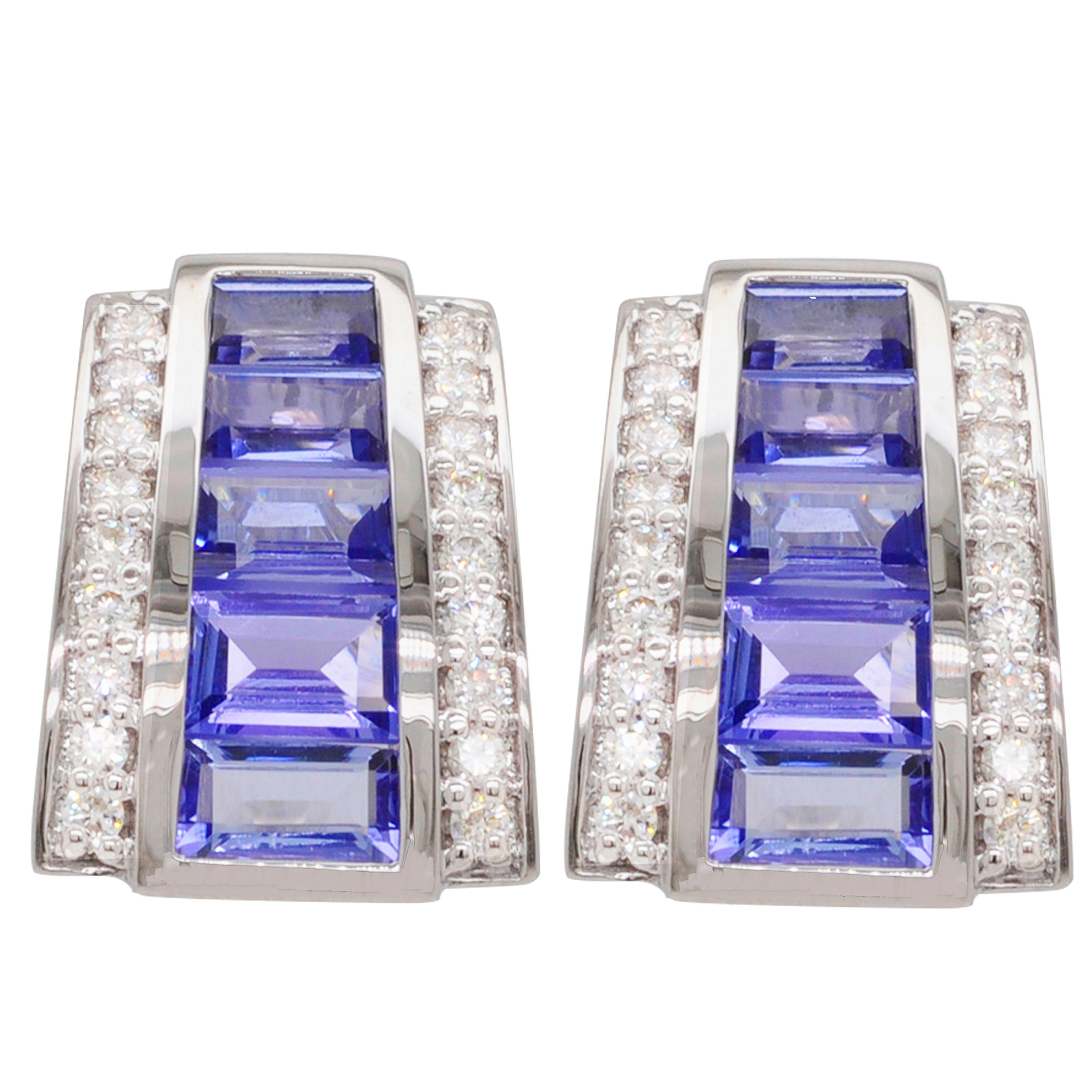 18k White Gold Tanzanite Taper Baguette Diamond Art Deco Style Stud Earrings For Sale