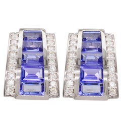 18k White Gold Tanzanite Taper Baguette Diamond Art Deco Style Stud Earrings