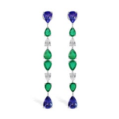 18k White Gold Tanzanite Zambian Emerald Drops with White Diamonds Fine Jewelry
