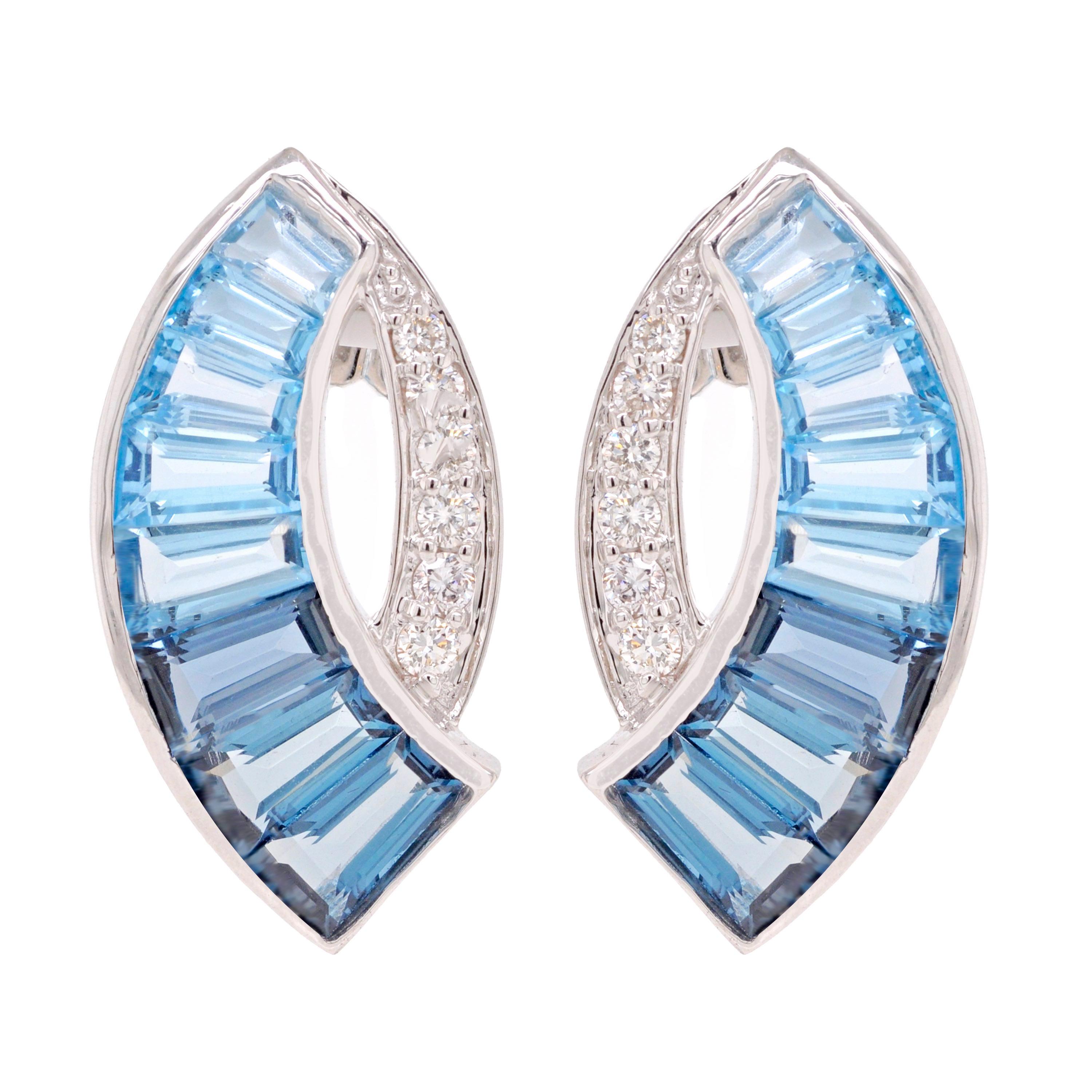 18K White Gold Taper Baguette Cut Blue Topaz Diamond Contemporary Stud Earrings For Sale 4