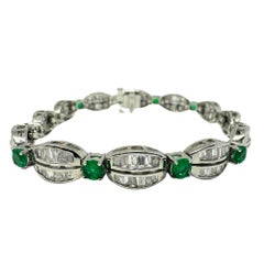 18K White Gold Tapered Baguette Diamond and Emerald Bracelet