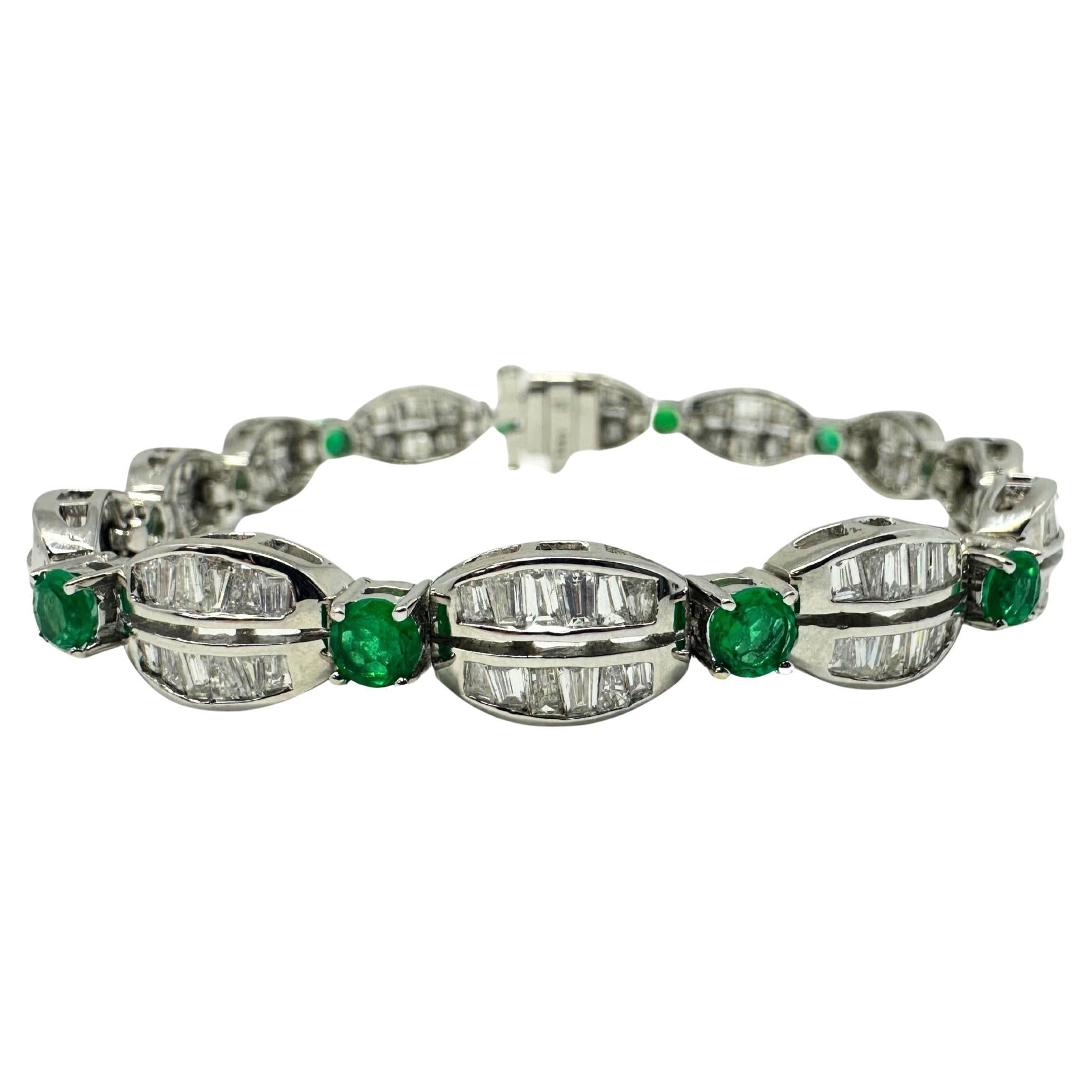 18K White Gold Tapered Baguette Diamond and Emerald Bracelet