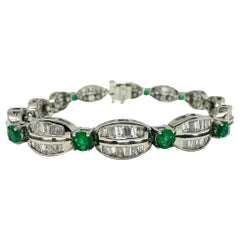 18K White Gold Tapered Baguette Diamond and Emerald Bracelet