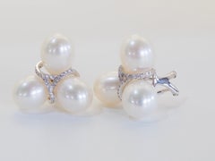 18K White Gold Tear Drop South Sea Pearls & 0.20ct Diamond Floral Motif Earrings