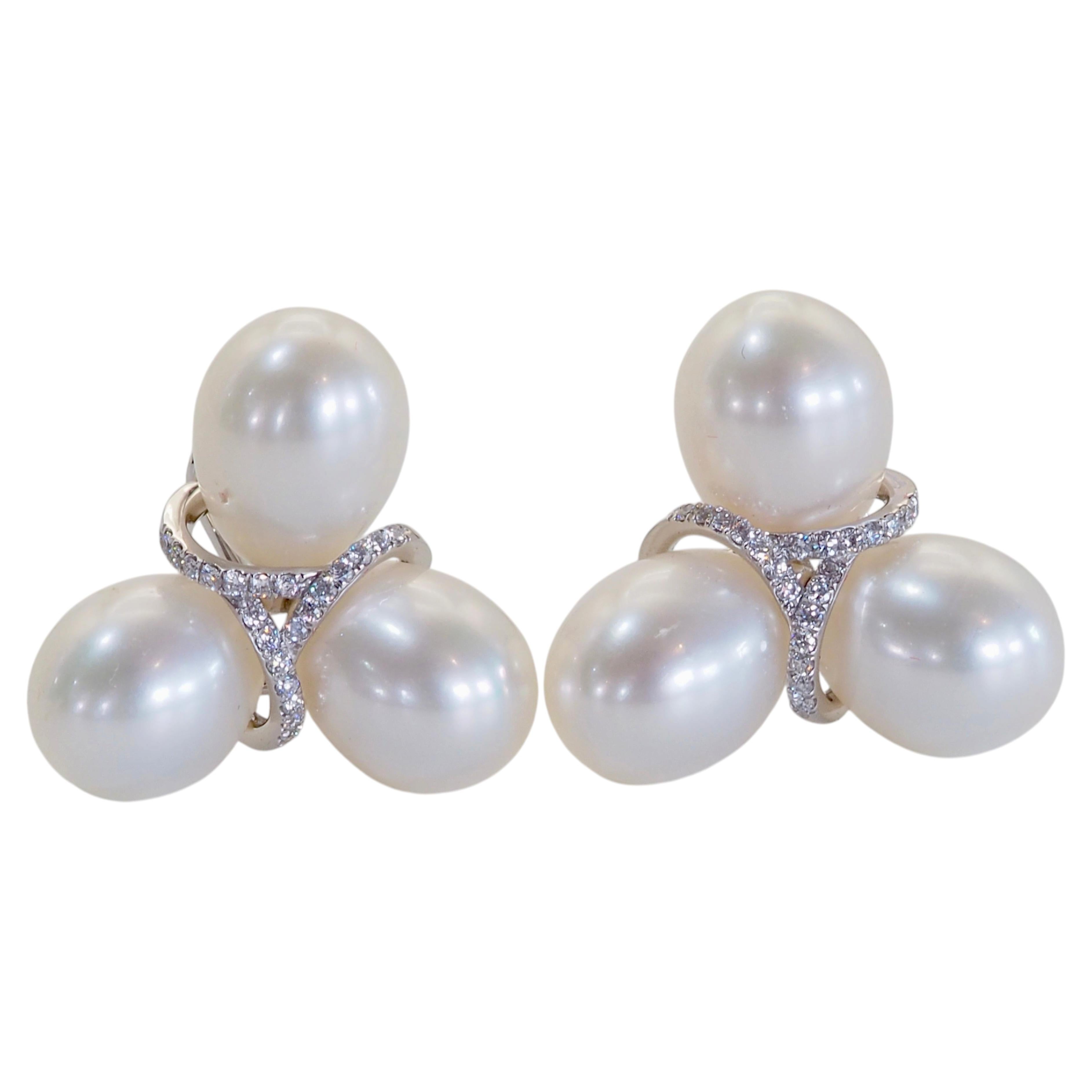 18K White Gold Tear Drop South Sea Pearls & 0.20ct Diamond Floral Motif Earrings For Sale