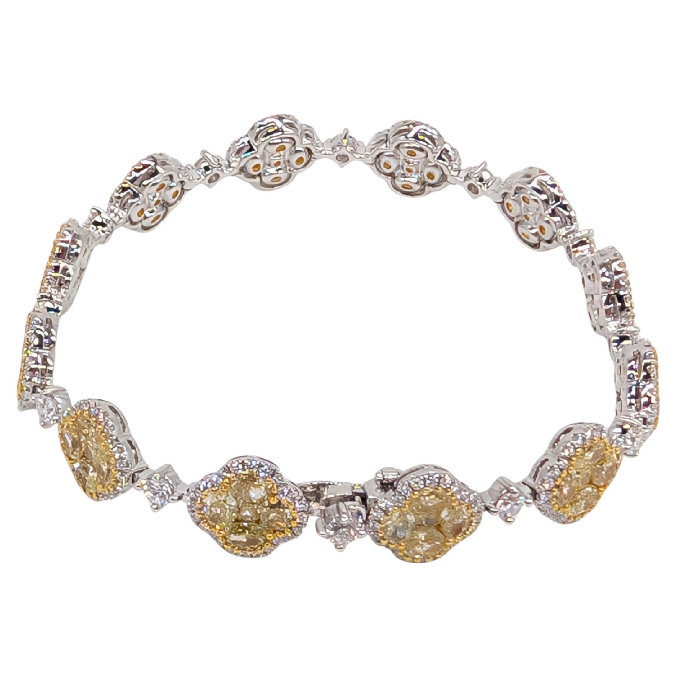 18K White Gold Tennis Bracelet Featuring  Round Fancy Yellow and White Diamonds