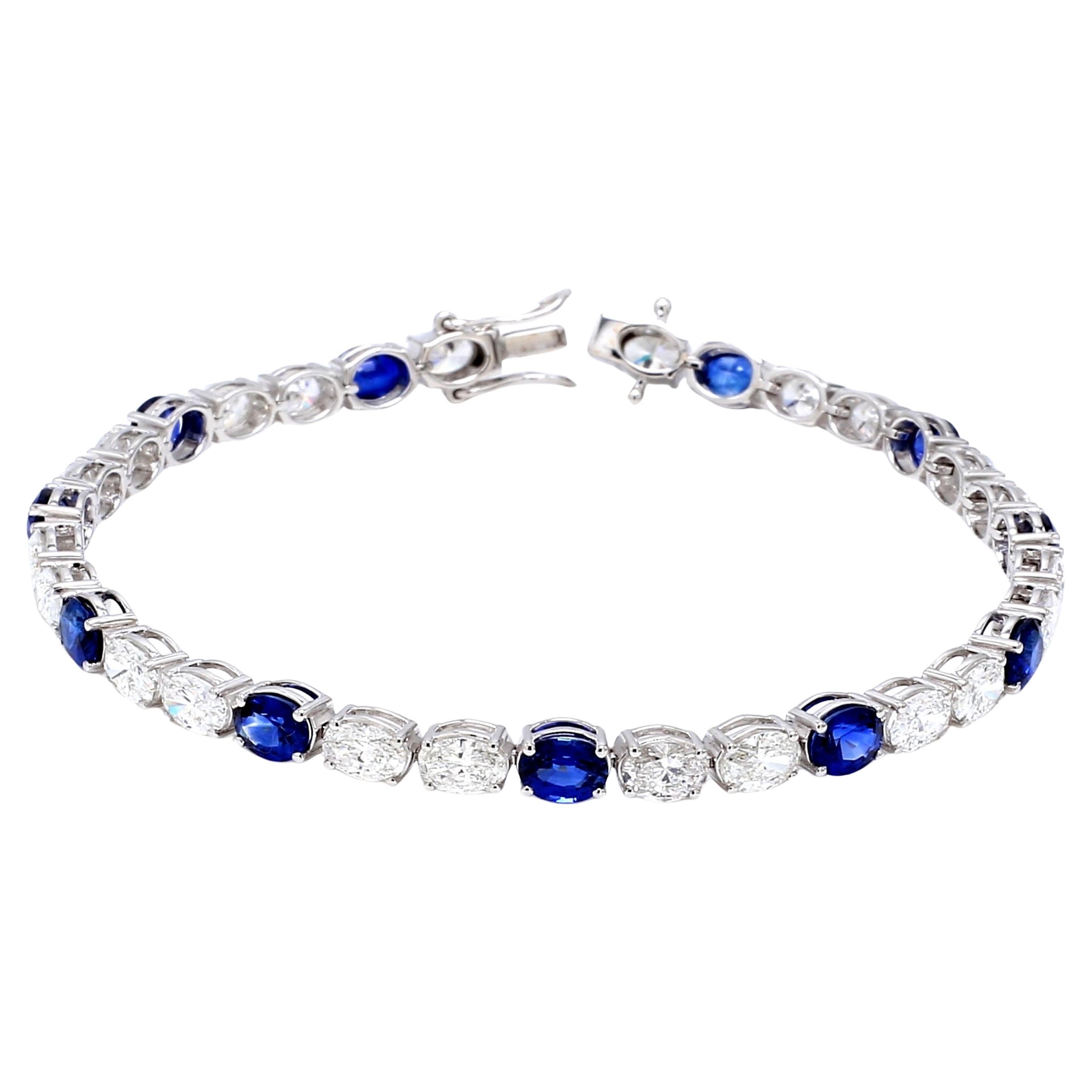 18K White Gold Tennis Bracelet with Natural Blue Sapphire and Oval Diamonds For Sale
