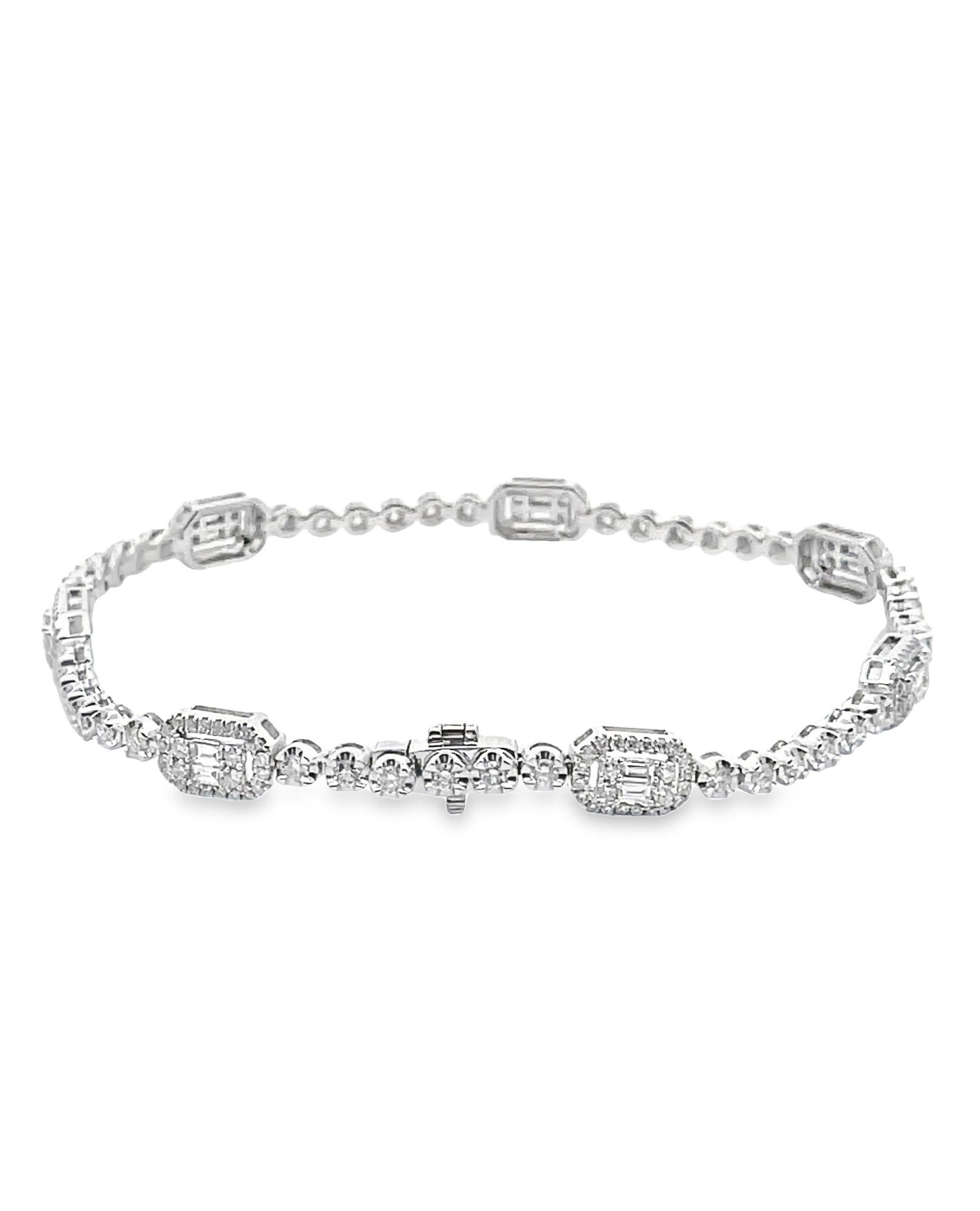 Contemporary 18K White Gold Tennis Bracelet with Round and Baguette Diamonds For Sale