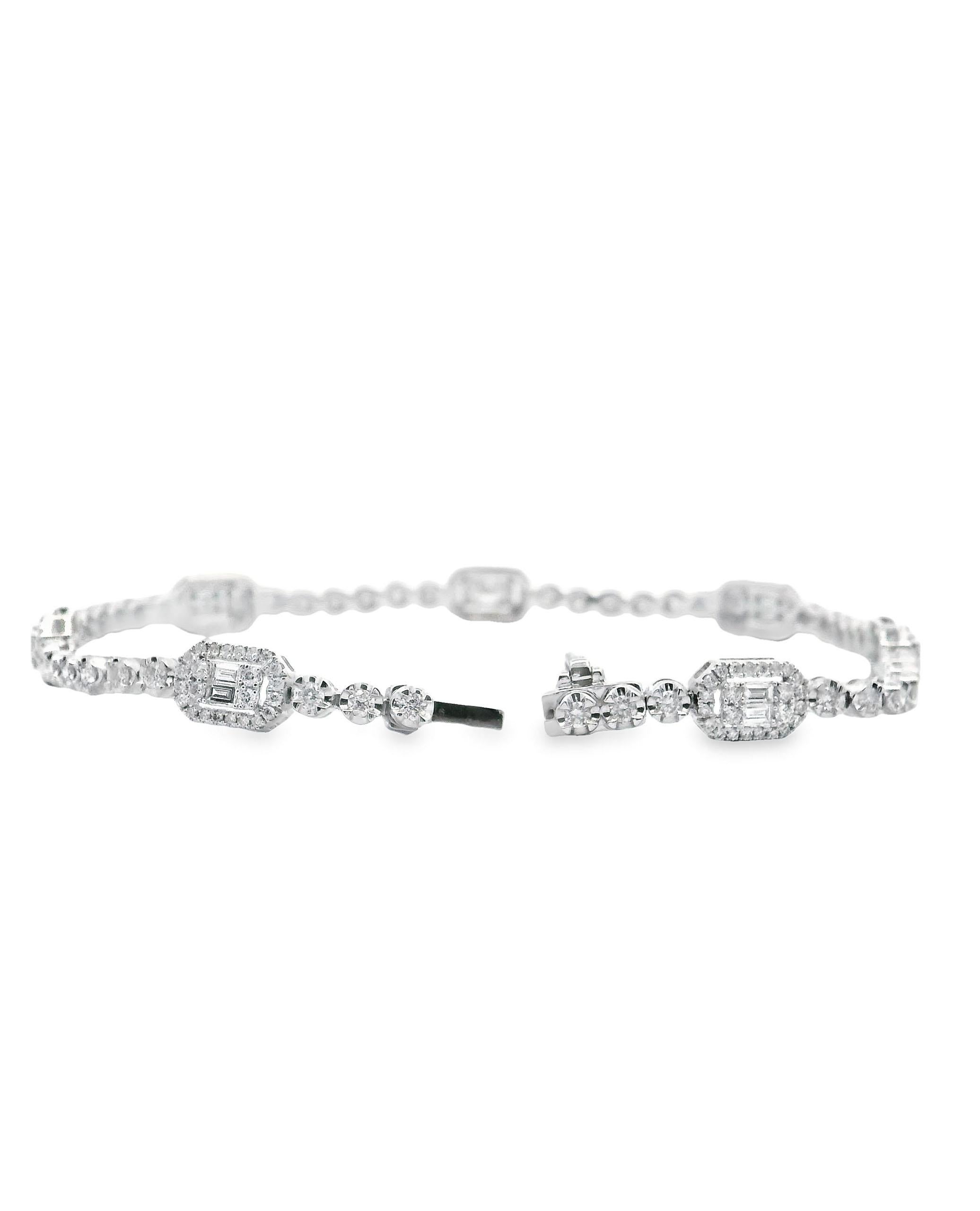 Baguette Cut 18K White Gold Tennis Bracelet with Round and Baguette Diamonds For Sale