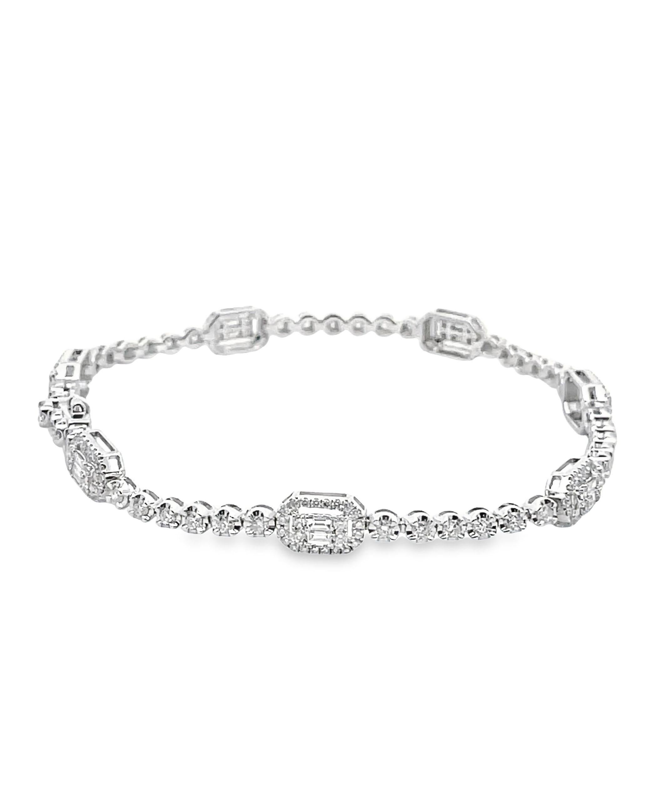 Women's 18K White Gold Tennis Bracelet with Round and Baguette Diamonds For Sale