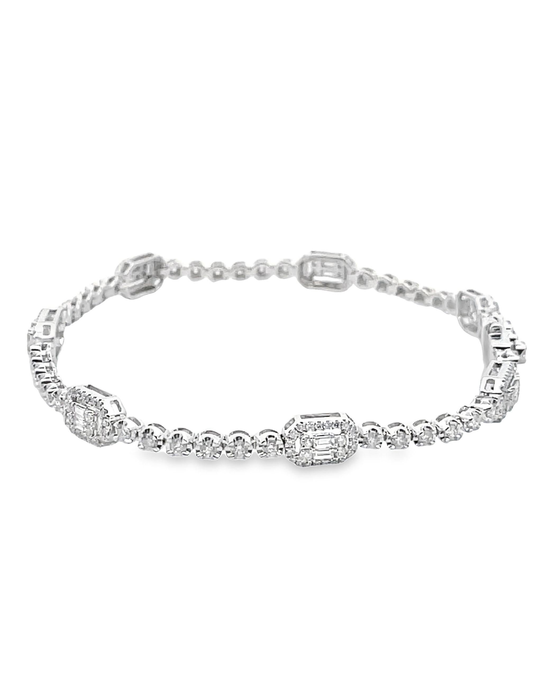 18K White Gold Tennis Bracelet with Round and Baguette Diamonds For Sale 1