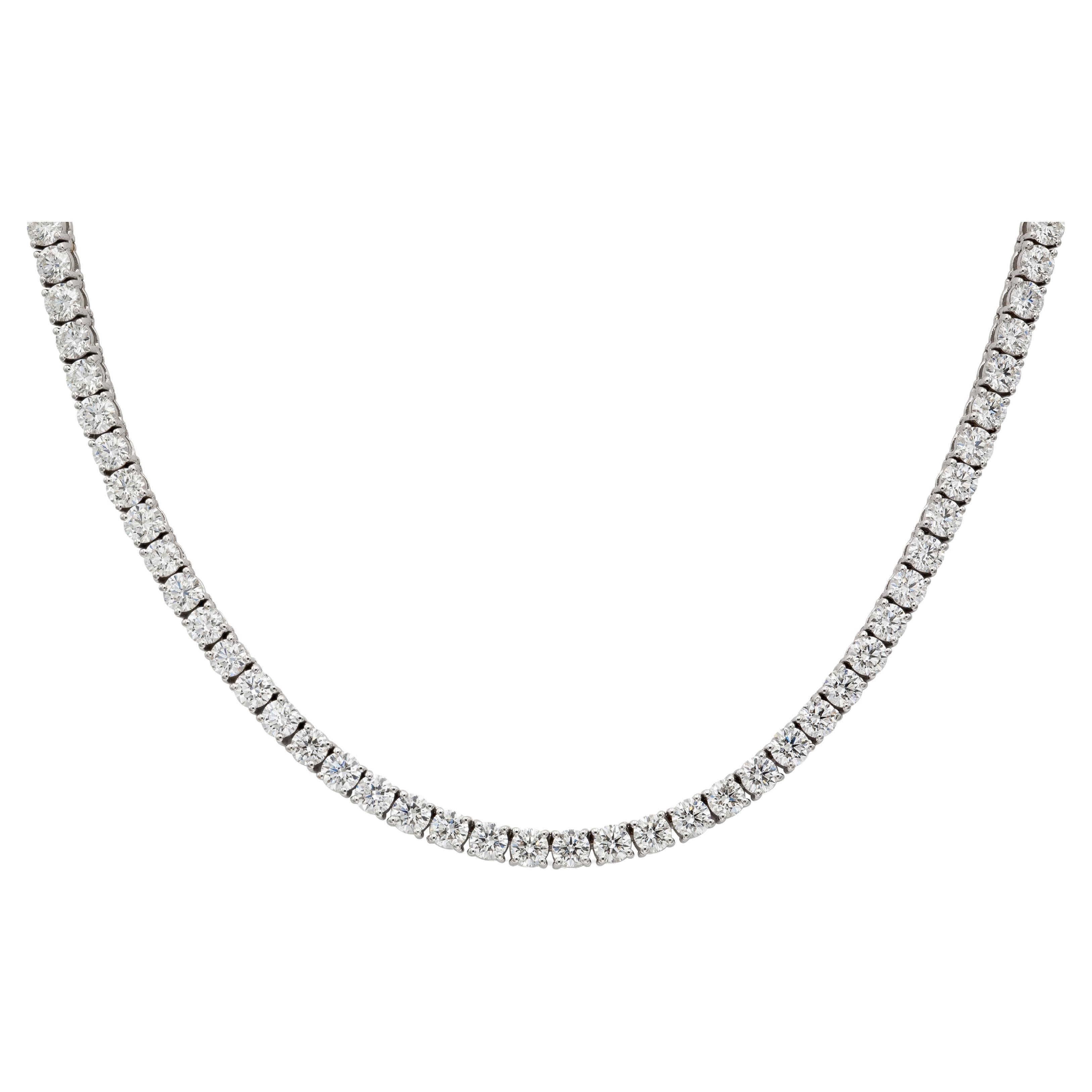 Handmade 18K White Gold Classic Tennis Necklace with 103 Round Brilliant Cut Diamonds D color VVS clarity weighting 19.83 ct, 16 inch.