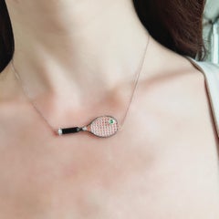 18K White Gold Tennis Racket Diamond Pendant Necklace with Green Garnet and Onyx